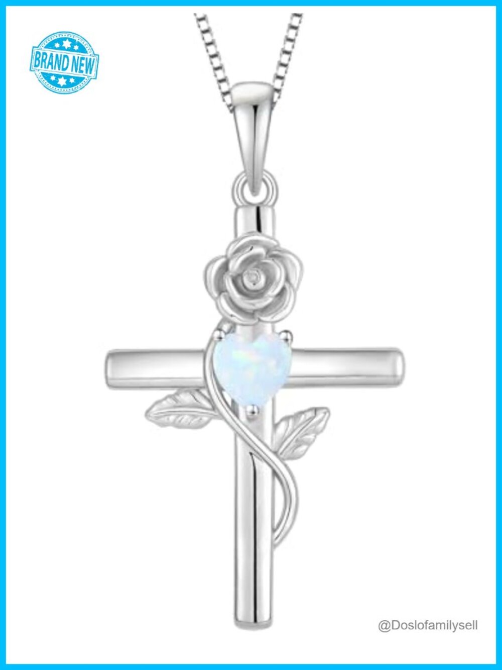 Sterling Silver Rose Flower Cross Necklace Created White Opal Women